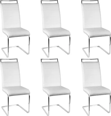 A set of six white dining chairs with silver metal frames, arranged in two rows of three against a white background.