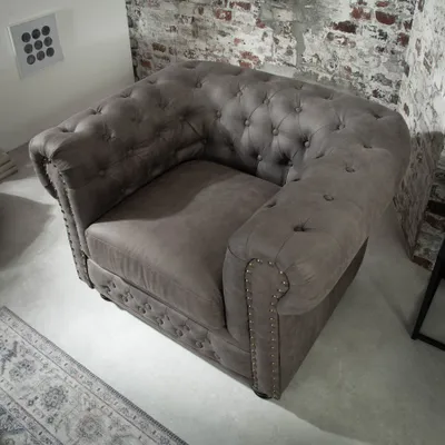 Obrázek produktu pro riess-ambiente Chesterfield křeslo 110cm vintage šedá taupe s prošíváním knoflíků a pružinovým jádrem Křeslo pro čtení Relaxační křeslo