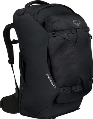A black Osprey Farpoint 70L rucksack is shown from a side angle against a white background.