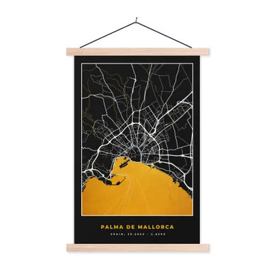 Produktbild von MuchoWow® Textilposter Mallorca - Stadtplan - Gold - Karte 120x180 cm mit holzfarbenen Rahmen - Textil-Plakat