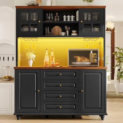 Productafbeelding van Keukenkast 140x40x179,5 cm, gemaakt van MDF in zwarte kleur, met RGB-LED-verlichting en verstelbare planken. Modern hoge kast, geschikt voor zowel de keuken als de woonkamer