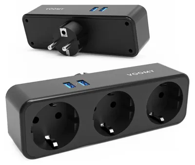 Immagine prodotto di VOOMY Adattatore per prese multiple 5 in 1 con 2 USB e 3 vie - Compatto e 4000W - Nero