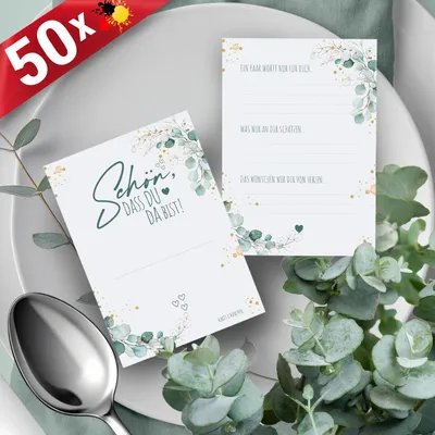 Produktbild von 50 Tischkarten 'Schön, dass du da bist', Greenery Eukalyptus Heart, Hochzeit, Grün