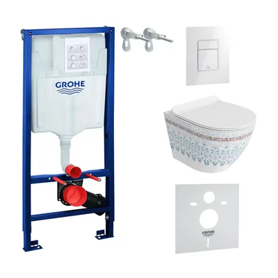 Produktbild von GROHE Vorwandelement Solido + Wand Hänge WC Sofi Slim Folklor Spülrandlos + WC-Sitz SoftClose | Glänzend Weiß Knopf | Komplettset | Unterputz Spülkasten |  Toilette Komplett Sett