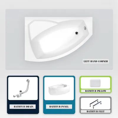 Produktbild von Asymmetrische Badewanne - 160 x 100 cm - Links - mit Verkleidung - mit Füßen - Kopfstütze - Ablaufgarnitur Chrom - RIMA