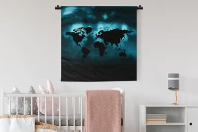 Produktbild von MuchoWow® Wandteppich Wandbehang Weltkarte - Schwarz - Blau 90x90 cm Tapisserie Dekoration Wandtuch - Wandaufhänger