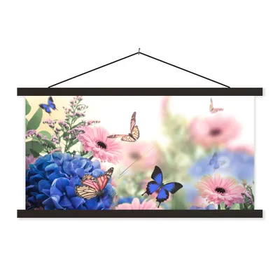 Produktbild von MuchoWow® Textilposter Schmetterlinge - Blumen - Hortensien - Insekten 150x75 cm mit schwarzem Rahmen - Posterleiste