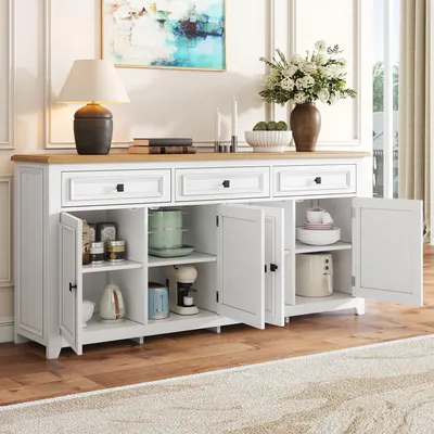 Produktbild von STILVORA Kommode mit drei Schubladen und vier Klappen,Sideboard im Landhausstil, Anrichte Aufbewahrungsschrank Wohnzimmerschrank Weiß
