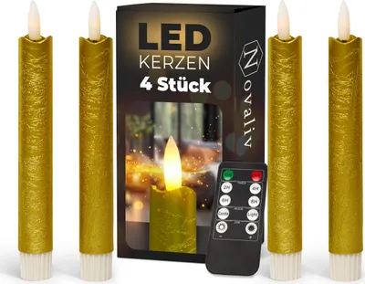 Produktbild von Stabkerzen LED mit Timer GOLD 4 Stück indoor 6 Stunden - ECHTWACHS 18cm Höhe für Kerzen 2,2cm Durchmesser 2 AAA Batterien notwendig LED Stabkerzen flackernde Flamme bewegliche Flamme Licht