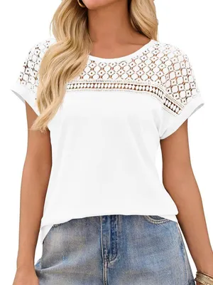 Produktbild von Locker sitzendes Sommer-T-Shirt für Damen – Spitze, Rundhalsausschnitt, Cut-out-Design