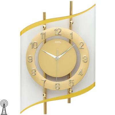 Produktbild von AMS 5505 Wanduhr Funk Funkwanduhr analog golden modern geschwungen mit Glas