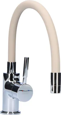 A kitchen faucet with a flexible beige spout and chrome base.