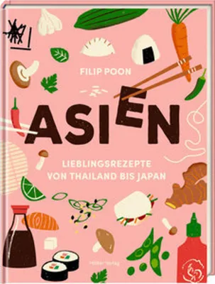 A cookbook cover with illustrations of various Asian food items.