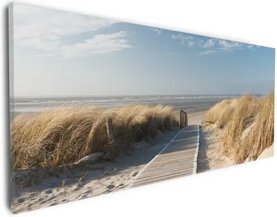 Produktbild von Wallario Premium Leinwandbild Auf dem Holzweg zum Strand in Größe 30 x 75 cm