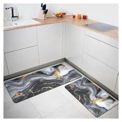 Produktbild von 2 Stück Küchenteppiche Rutschfeste Küchenmatten, Komfort Marmor Türmatten, Teppichset für Küche, Flur, Esszimmer und Eingang (44x70cm+44x150cm)