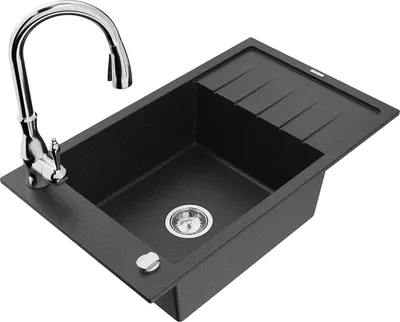 Produktbild von Mexen Elias 1 Becken-Granitspüle mit Abtropffläche und Mischbatterie Savita, Schwarz/Silbermetallic- 6511-73-672601-00