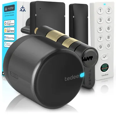 Obrázek produktu pro Tedee GO2 Alu s Keypad PRO, senzorem dveří a vložkou Gerda EXXO – Chytrý zámek, otisk prstu, třída 6, bezpečné zamykání, bezklíčový vstup, Matter