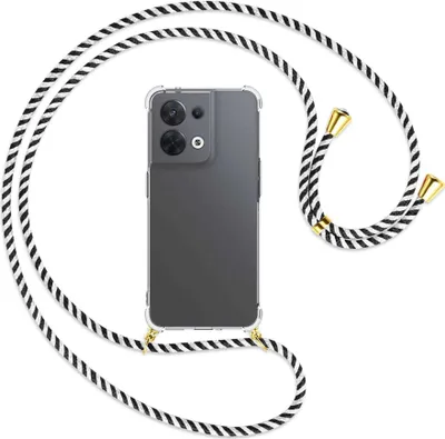 Produktbild von Handykette Backcover-Schutzhülle mit Band (Metall goldfarben) für Oppo Reno8 5G (CPH2359, 6.4'') - schwarz/weiß gestreift