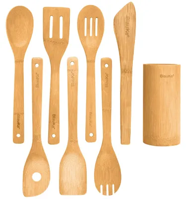 Bambus-Küchenhelfer-Set 8-teilig – Holzspatel, Kochlöffel, Zange