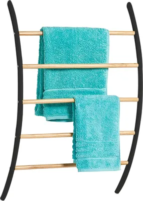 A towel rack with two turquoise towels hanging on it.