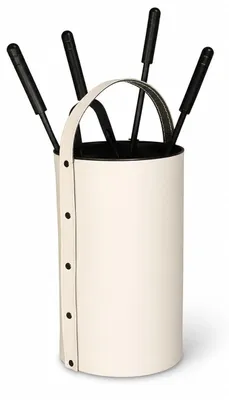 Produktbild von Kaminbesteck Set Leder Altweiß - Kaminwerkzeug Schwarz - Kamingarnitur Ofenset