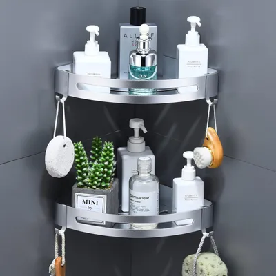 Produktbild von Eck-Duschregal - ohne Bohren - Wand-Duschkorb mit Haken - 2 Stück - sandgestrahlt Silber - Metall