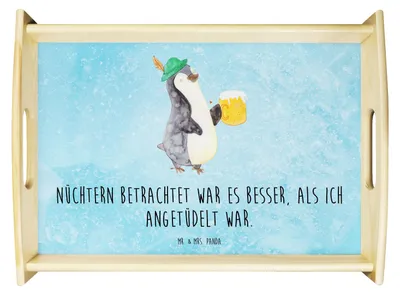 Produktbild von Mr. & Mrs. Panda Servier Tablett Pinguin Bier - Eisblau - Geschenk, Beschwippst, zum servieren, Sofa, Deko, Bett-Tablett, , Angetüdelt, Serviertablett