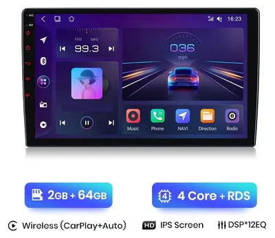 Obrázek produktu pro Android multimediální přehrávač – Autonavigační systém – Bezdrátové CarPlay – 10palcový IPS displej – 2 GB RAM, 64 GB úložiště
