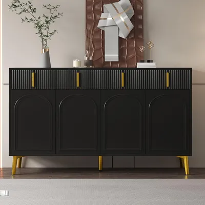Image de Meuble de rangement Moonbite de 140 cm avec poignées et pieds dorés, composé de 4 portes et 4 tiroirs, revêtement mélaminé, panneau MDF, couleur noire