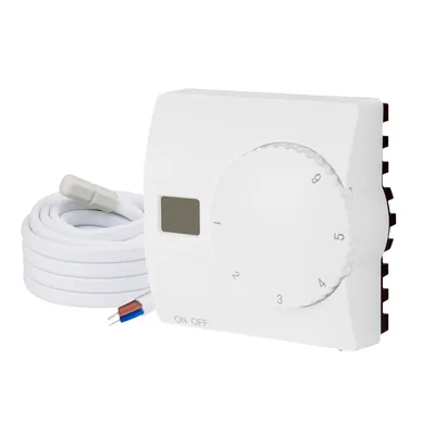 A white thermostat with a coiled white cable and a small digital display, set against a white background.