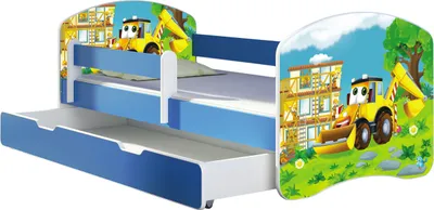 A children's bed with a construction vehicle theme, featuring a pull-out drawer.