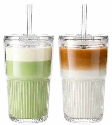 Obrázek produktu pro Sklenice na ledovou kávu se skleněným víčkem a brčkem - Silné sklo - 450 ml - Sada 2 kusů