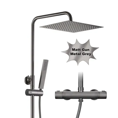 Immagine prodotto di JOHO Acciaio Inox con Miscelatore Colonna Doccia RubinettoTermostatico Altezza Regolabile Bagno Set Pioggia Soffione Doccetta Grigio Fucile 25×25cm