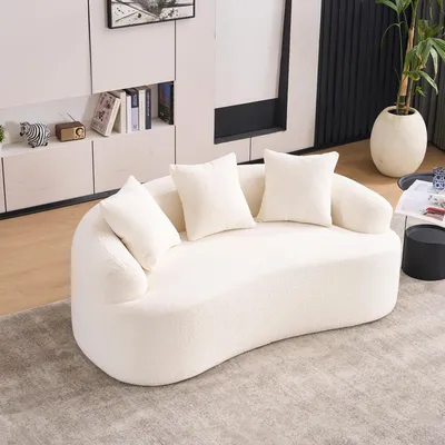 Produktbild von MODFU Dreisitzer Wohnzimmersofa mit Kissen und Armlehnen Zweisitzer Chenille geschwungenes Loungesofa montagefrei eeignet für kleine Wohnungen Weiß