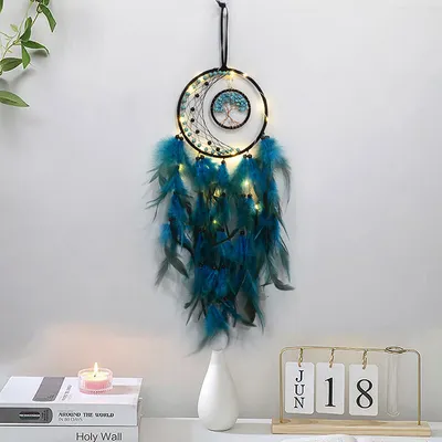 Produktbild von Traumfänger mit LED Licht Handgefertigt Dreamcatcher mit Federn Böhmen Dekoration für Schlafzimmer Wandbehang Ornament Mädchen Kinder Geschenk