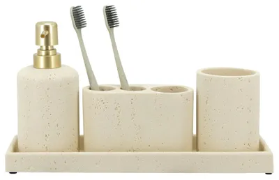 Immagine prodotto di Set di accessori da bagno beige, 4 pezzi: portaspazzolino, dispenser per sapone, cassetto per il bagno, bicchiere da bagno