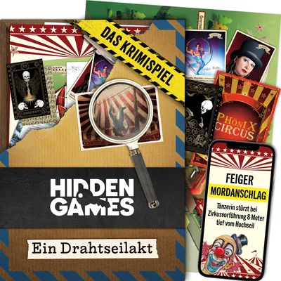 A collage of game components and promotional material for a crime-solving board game.