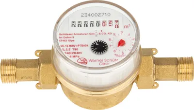Produktbild von Einstrahlzähler ETK Kombi-Set (Warmwasser) bis 90 Grad Länge 80 mm, inkl. Verschraubungen 3/4 Zoll x 1/2 Zoll AG