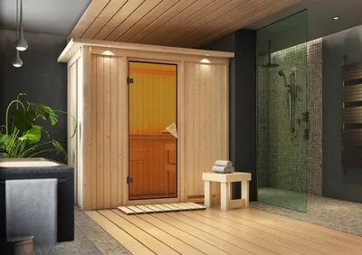 Image de Karibu Sauna Variado 68mm avec poêle de sauna 9kW porte externe Classic