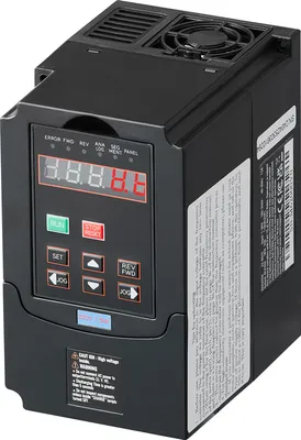 A black variable frequency drive (VFD) with a digital display and control buttons.