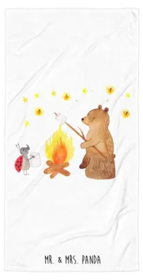 Produktbild von Mr. & Mrs. Panda Strandtuch Bär & Marienkäfer Lagerfeuer - Weiß - Geschenk, Großes Handtuch, Duschhandtuch, Badehandtuch, Duschtuch, Teddy