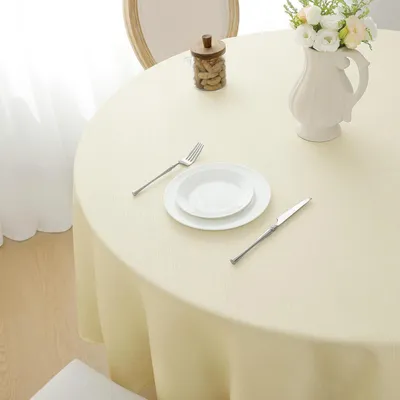 Zdjęcie produktu dla Obrus okrągły, średnica 100 cm, beżowy, z lnu, z fakturą, wodoodporny, do użytku na zewnątrz, do stołu ogrodowego, na imprezy, urodziny, święta Bożego Narodzenia