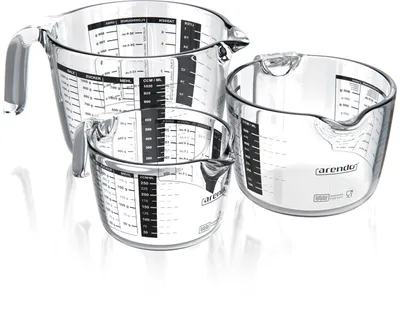 Produktbild von Arendo Messbecher 250 ml, 500 ml & 1000 ml Glas Messkrug Set, Rührbecher, Glas, (Set, 3-St), Borosilikatglas, hitzebeständig, präzise Skala, Mikrowellengeeignet