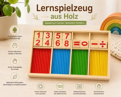 Produktbild von Lernspielzeug aus Holz – Rechenspiel mit Zahlen & bunten Zählstäbchen – Mathematik Lernspielzeug mit Holzbox, KI-generiertes Bild