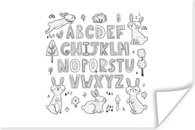 Produktbild von MuchoWow® Poster Illustration Alphabet mit Kaninchen schwarz und weiß 180x120 cm - Fotoplakat