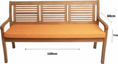 A wooden bench with an orange cushion, shown from the front with dimensions indicated by arrows and text.