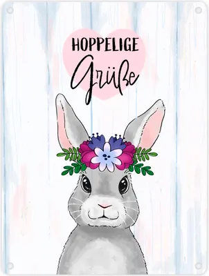Produktbild von Hoppelige Grüße Metallschild in 15x20 cm mit süßem Osterhasen