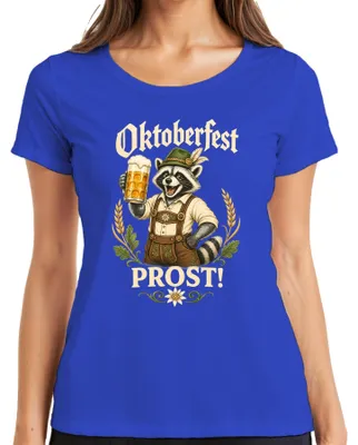 Productafbeelding van , PROST, wasbeerprint, lederen broek, bierkan, dirndl, Wiesn, dames T-shirt, blauw, XXL