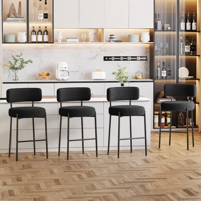 Image de Ensemble de 4 tabourets de bar, hauteur d'assise de 63,5 cm, avec dossier et repose-pieds, couleur noire