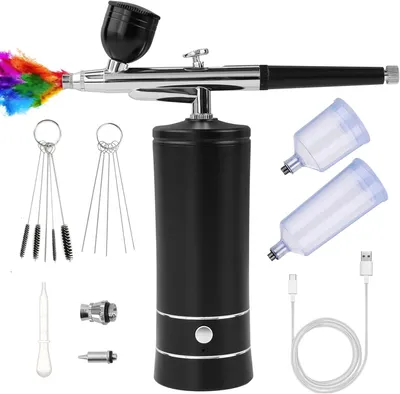Produktbild von Kabellose Airbrush Set mit Kompressor,23/27 PSI, 0,3mm Düse,Akku tragbar,Handheld Airbrushpistole für Kosmetik, Nailart, Tattoos und Torten